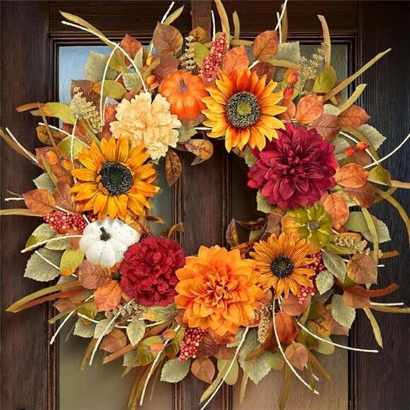 24-26 Inch Fall Wreaths for Front Door,Sunflower Pumpkin Wreath with Peonies - Picture 7 of 7